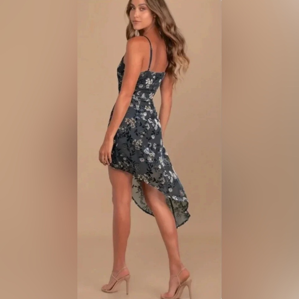 Lulus Evenings with You Dark Teal Floral Velvet Asymmetrical Dress Womens XS EUC